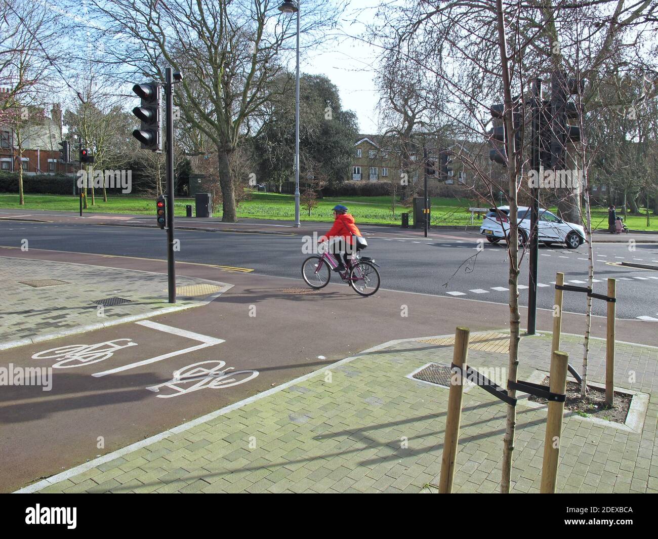 New cycle lane at junction of Lea Bridge Rd and College Rd, Walthamstow, London. Part of Waltham Forest's 'Mini-Holland' safer streets initiative. Stock Photo