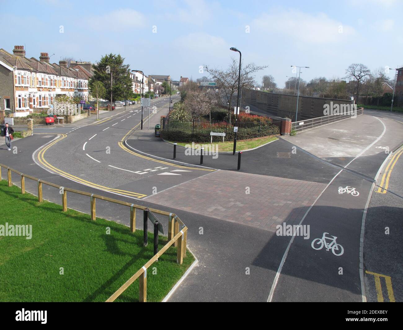 Remodelled road junction in Leytonstone, London. Part of Waltham Forest's 'Mini-Holland' safer streets initiative. Shows new cycle lane. Stock Photo