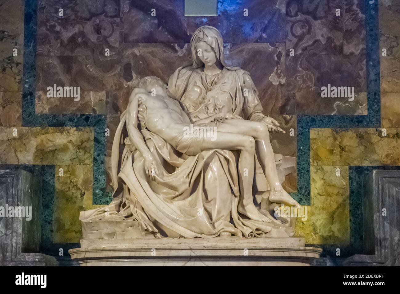 Michelangelo La Pieta statue - The blessed Virgin Mary holding dead Jesus Christ body. Stock Photo