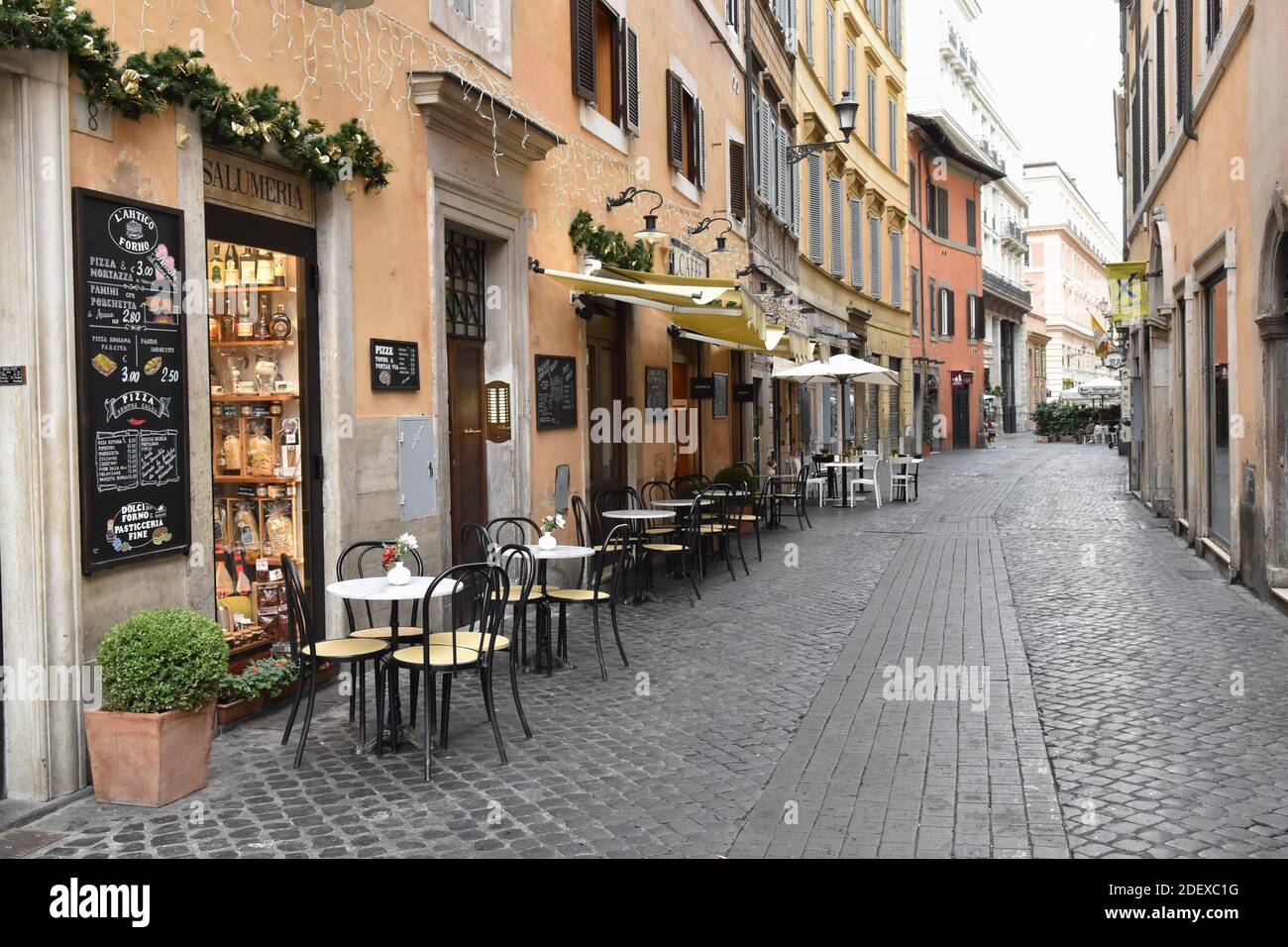AN EMPTY STREET IN THE HISTORIC CENTER DUE TO LACK OF PEOPLE AND TOURISTS DUE TO THE COVID 19 PANDEMIC Stock Photo
