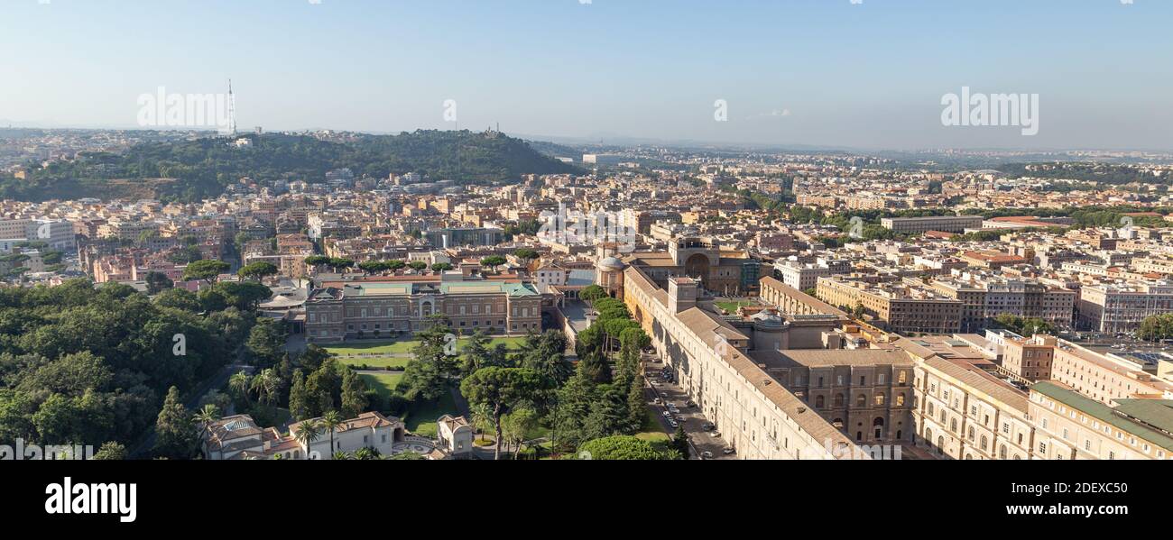 Rome rooftop view with ancient architecture in Italy panorama. Stock Photo