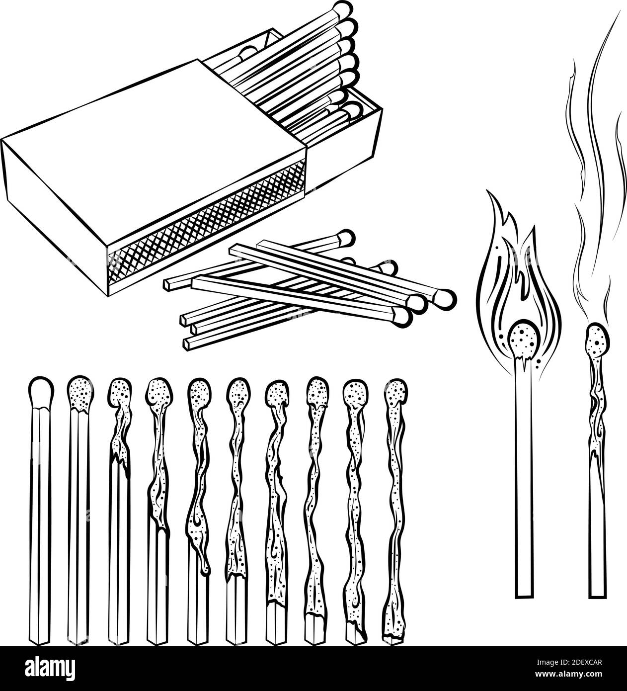 Set of matches. Burning match with fire, burnt matchstick, opened match box. Hand drawn vector illustration with black outline isolated on white background. Elements for coloring book, icon and logo. Stock Vector