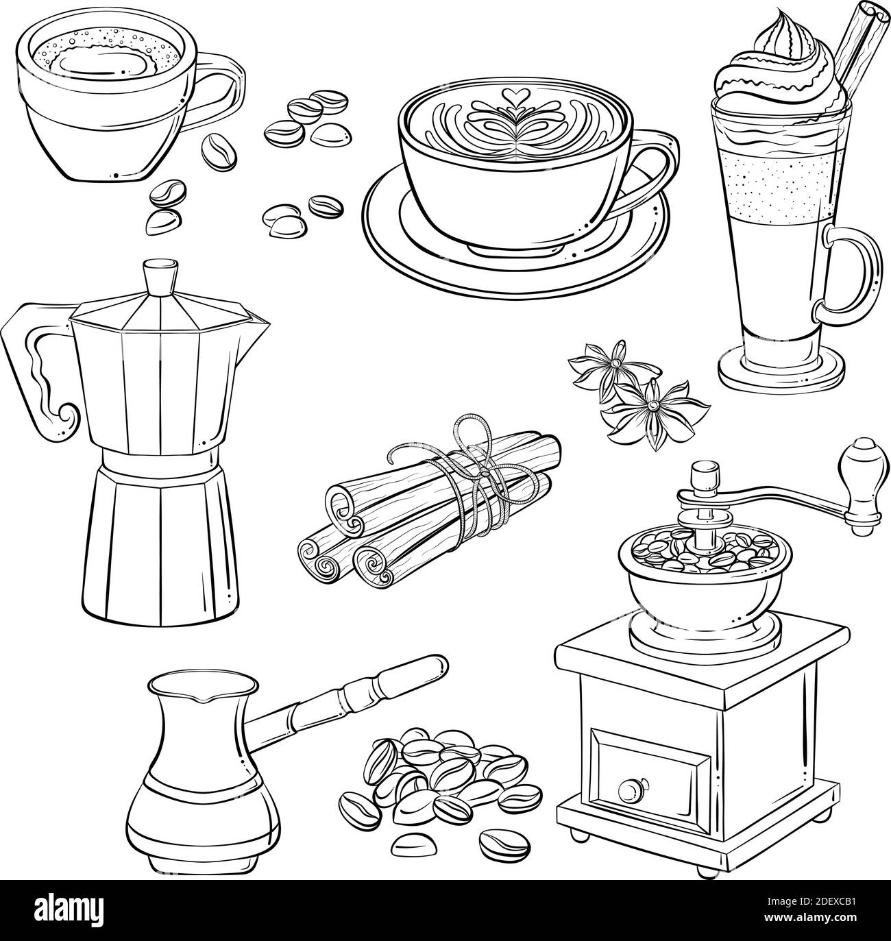 Set with various coffee drinks and coffee makers. Hand drawn vector illustration with black outline isolated on white background. Espresso, cappuccino. Elements for cafe menu, coloring book, print. Stock Vector
