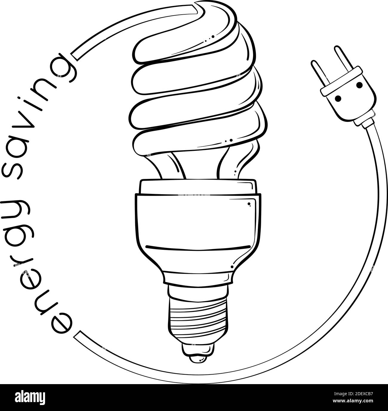 Energy saving concept. Energy-saving bulb. Hand drawn vector illustration with black outline isolated on white background. Illustration for T-shirts, postcards, coloring book, icon and logo idea. Stock Vector