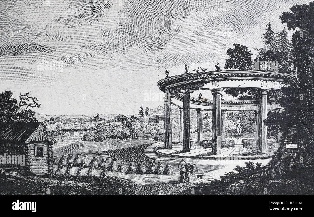 Alexander country house (Alexandrova dacha). Temple of Ceres in the garden. Engraving of the 19th century. Stock Photo