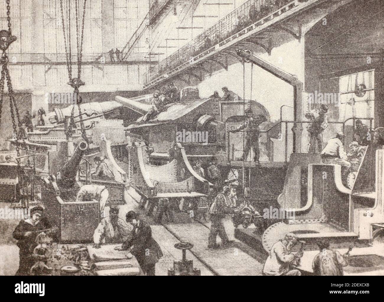 Assembling guns at the Krupp factory. Engraving of 1890. Stock Photo