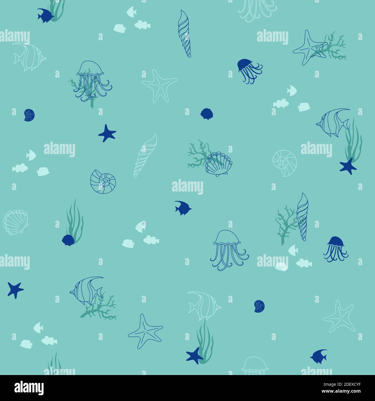 Seamless vector background from hand drawn sea shells and stars. Marine illustration of shellfish, turquoise and blue, with jellyfish, fish and corals Stock Vector