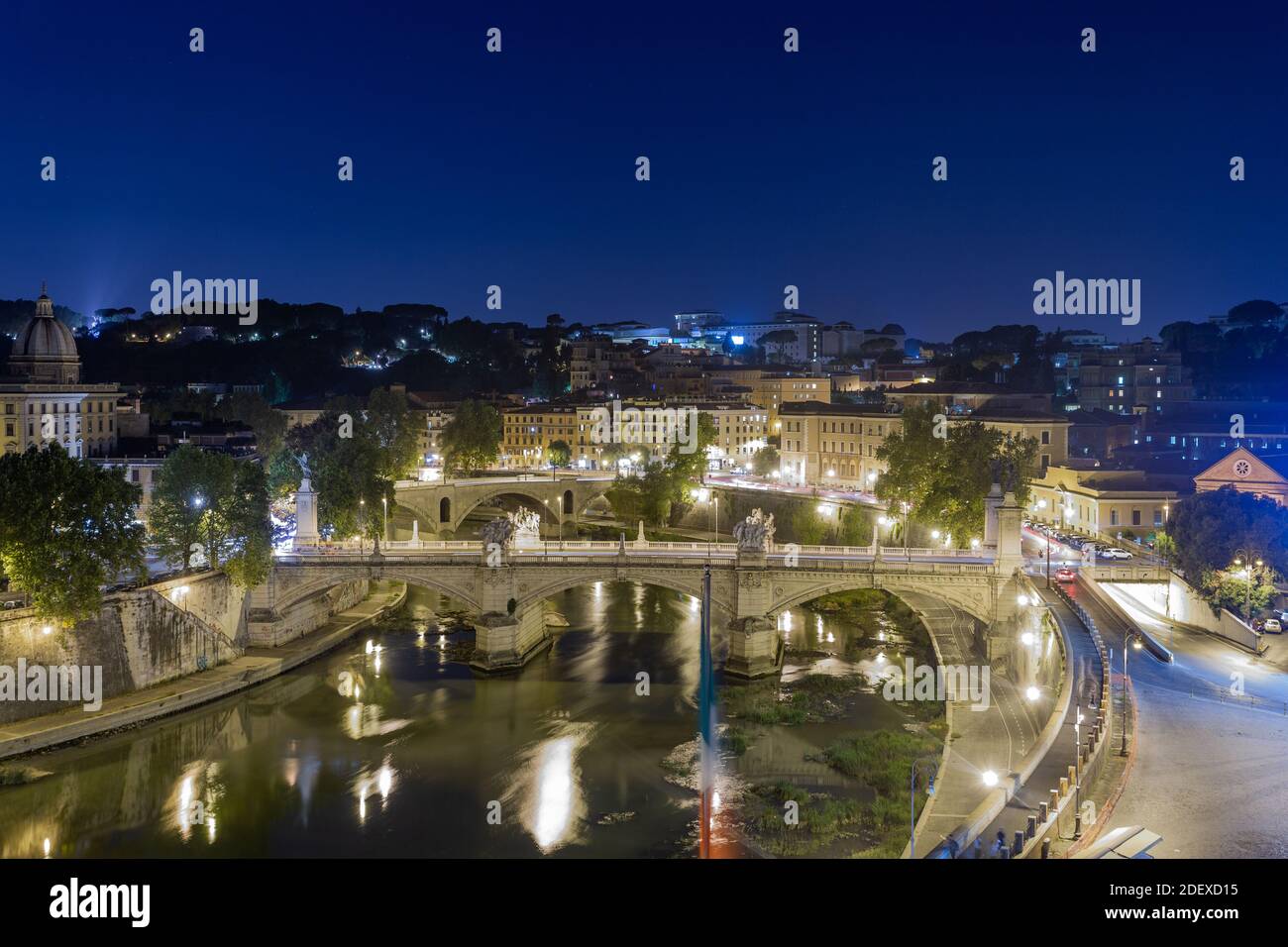 Beautiful Vibrant Night Skyline of Tiber River Vatican City, Rome, Italy,  Stock Photo