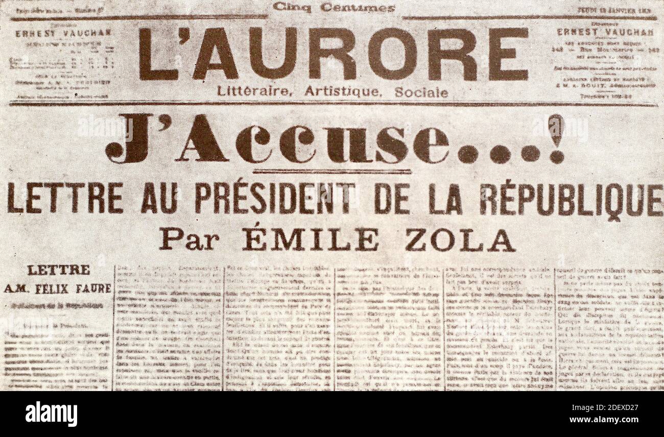 Emile Zola's letter - J'Accuse (I blame) - published in the newspaper - L'Aurore. Stock Photo