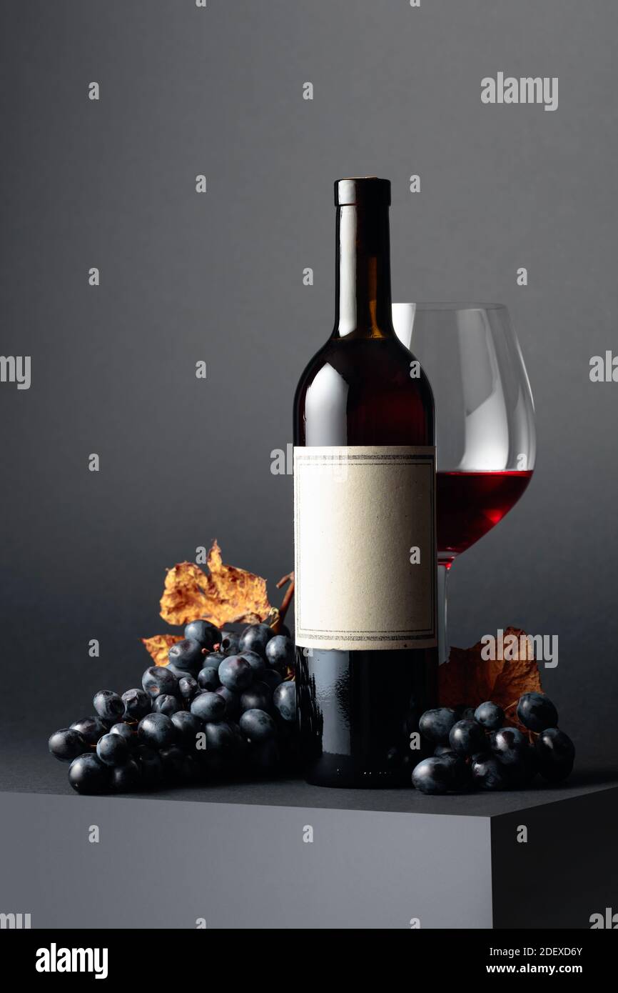 Red wine and blue grapes with dried up vine leaves on a dark background ...