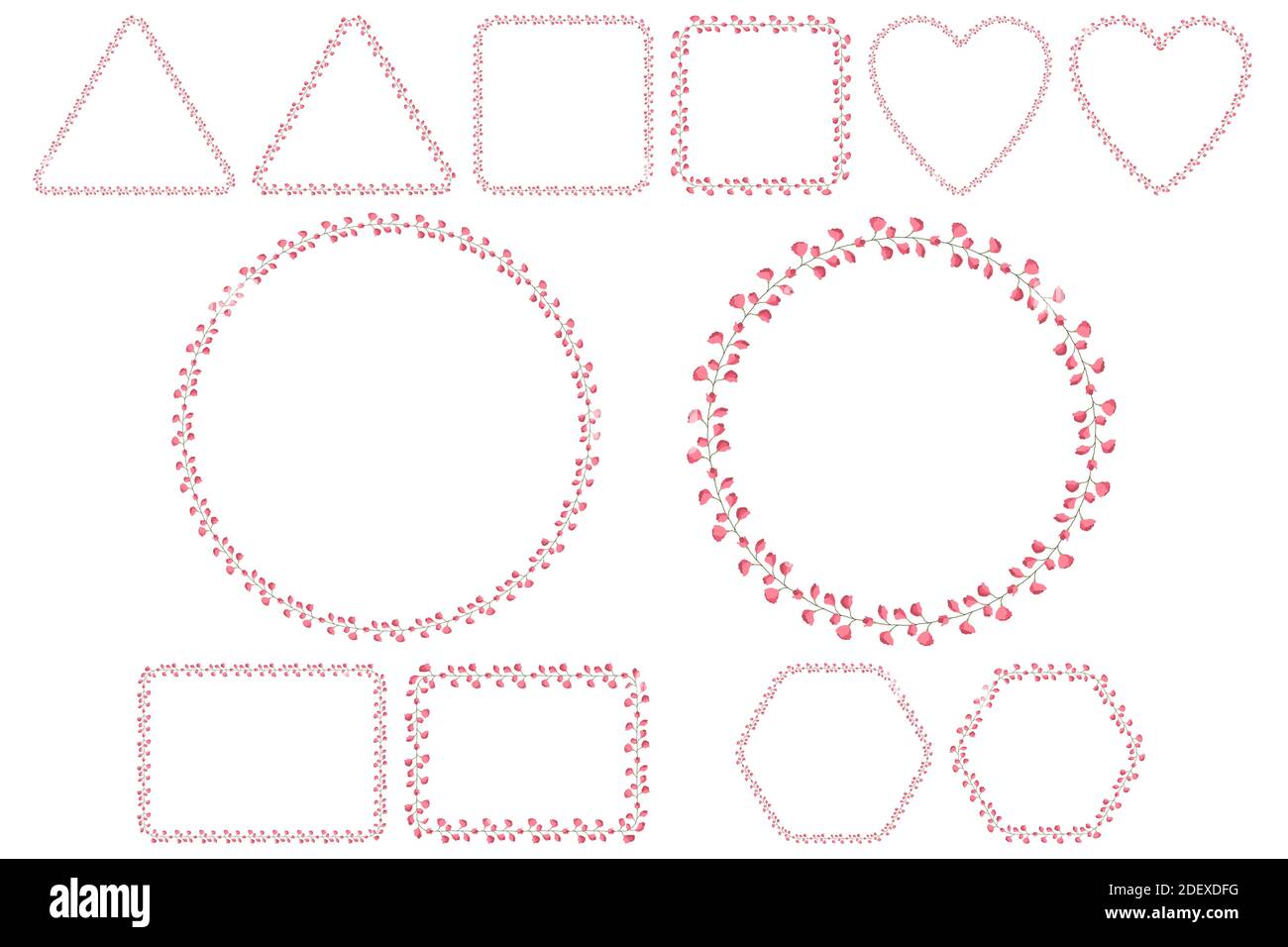 Pink sweet pea wreath, great design for wedding, birthday, anniversary greeting card. Beautiful botanical template on white backdrop. Circle, triangle, square shape frame. Stock Vector