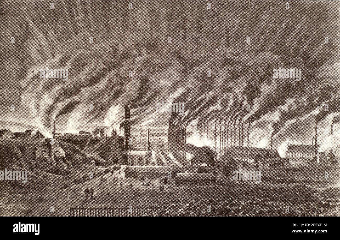 Metallurgical plant near Saarbrücken. Engraving of 1876. Stock Photo