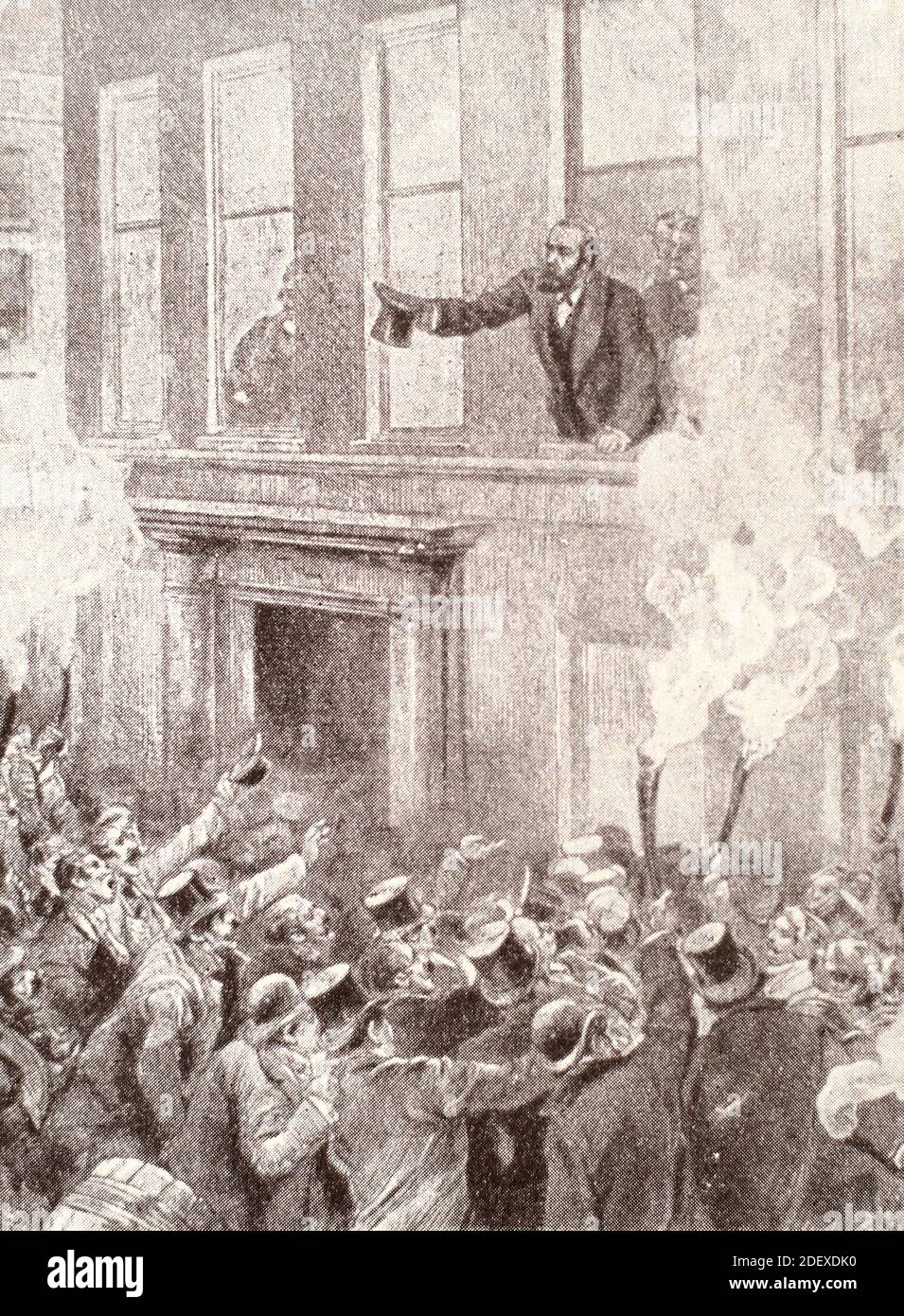 Speech of Charles Stewart Parnell to the voters. Engraving of 1890. Charles Stewart Parnell (27 June 1846 – 6 October 1891) was an Irish nationalist politician who served as Leader of the Irish Parliamentary Party from 1882 to 1891 and Leader of the Home Rule League from 1880 to 1882. He served as a member of parliament (MP) from 1875 to 1891. His party held the balance of power in the House of Commons during the Home Rule debates of 1885–1890. Stock Photo