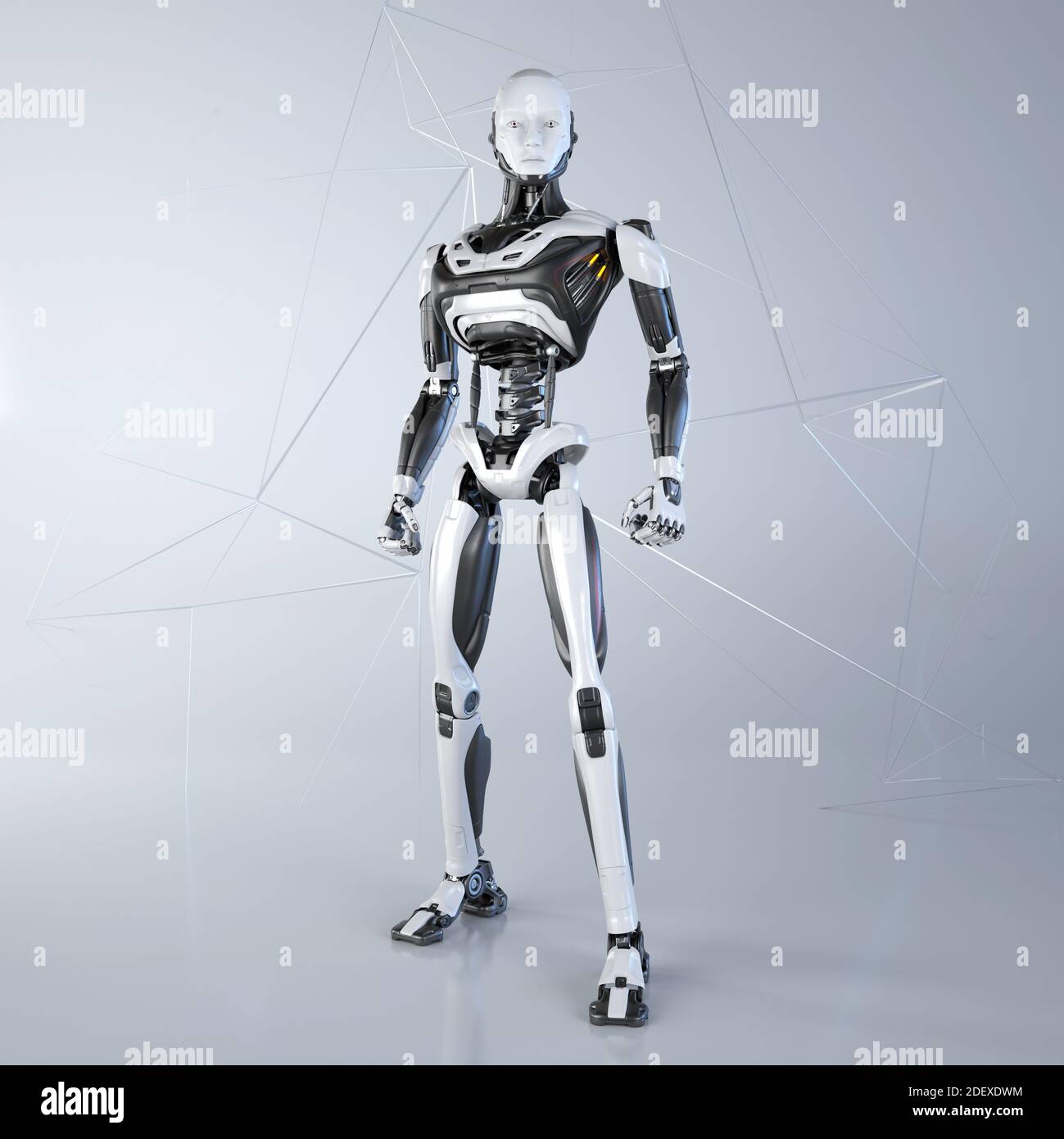 Robot android posing on a light gray background. 3D illustration Stock Photo