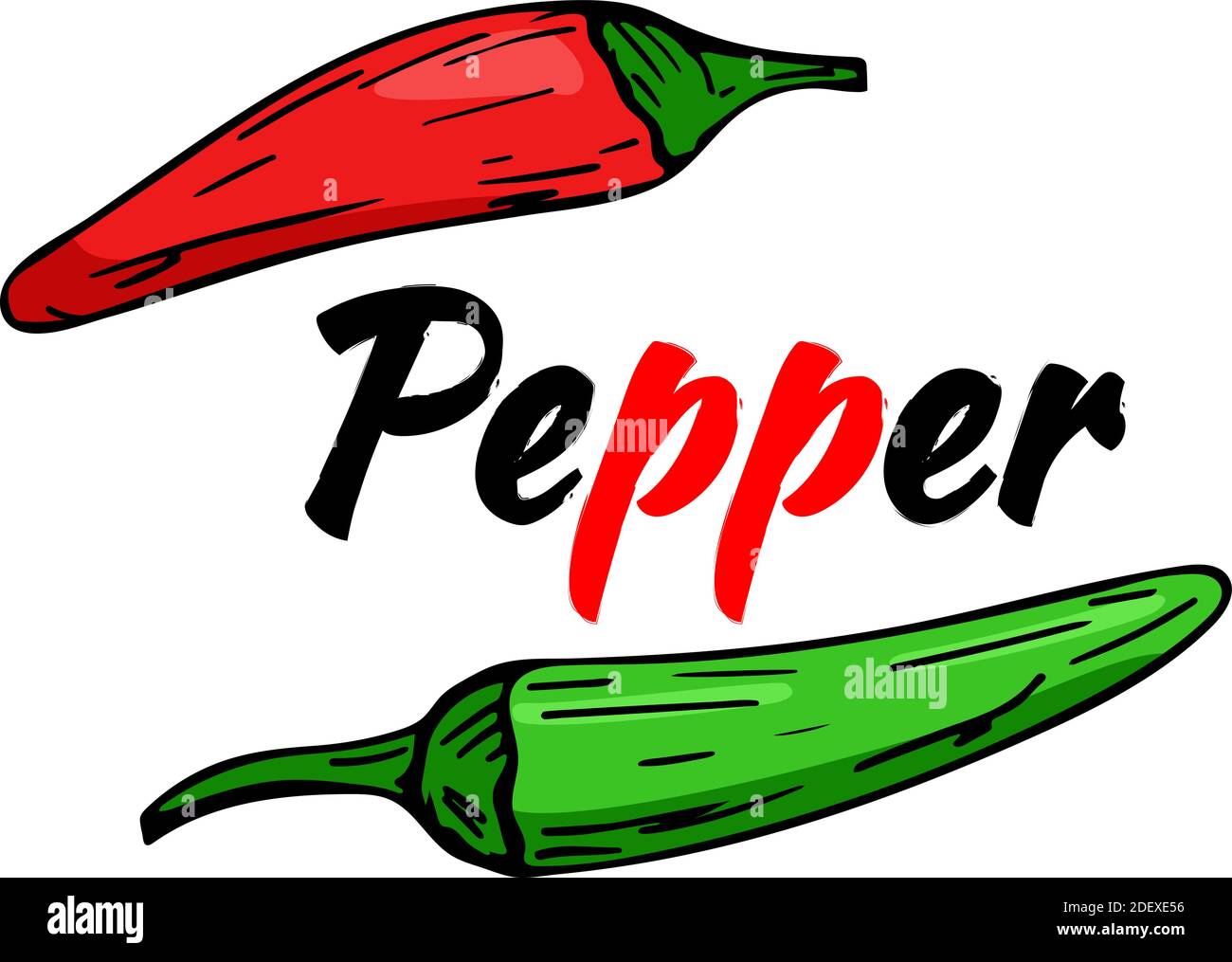 Red and green peppers, vector. Illustration with lettering. Stock Vector