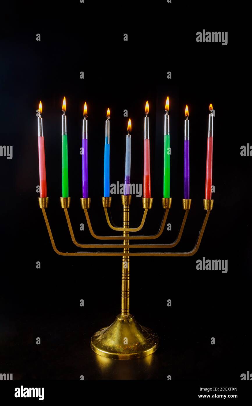 Religion symbol of Menorah with burned out candles for Hanukkah in Jewish holiday Stock Photo
