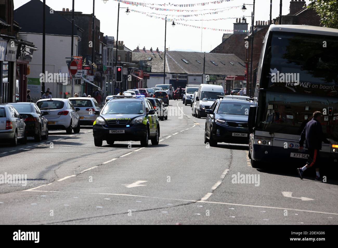 Prestwick Main Street ,Ayrshire, Scotland. Paramedic emergency vehicle on blue lights Stock