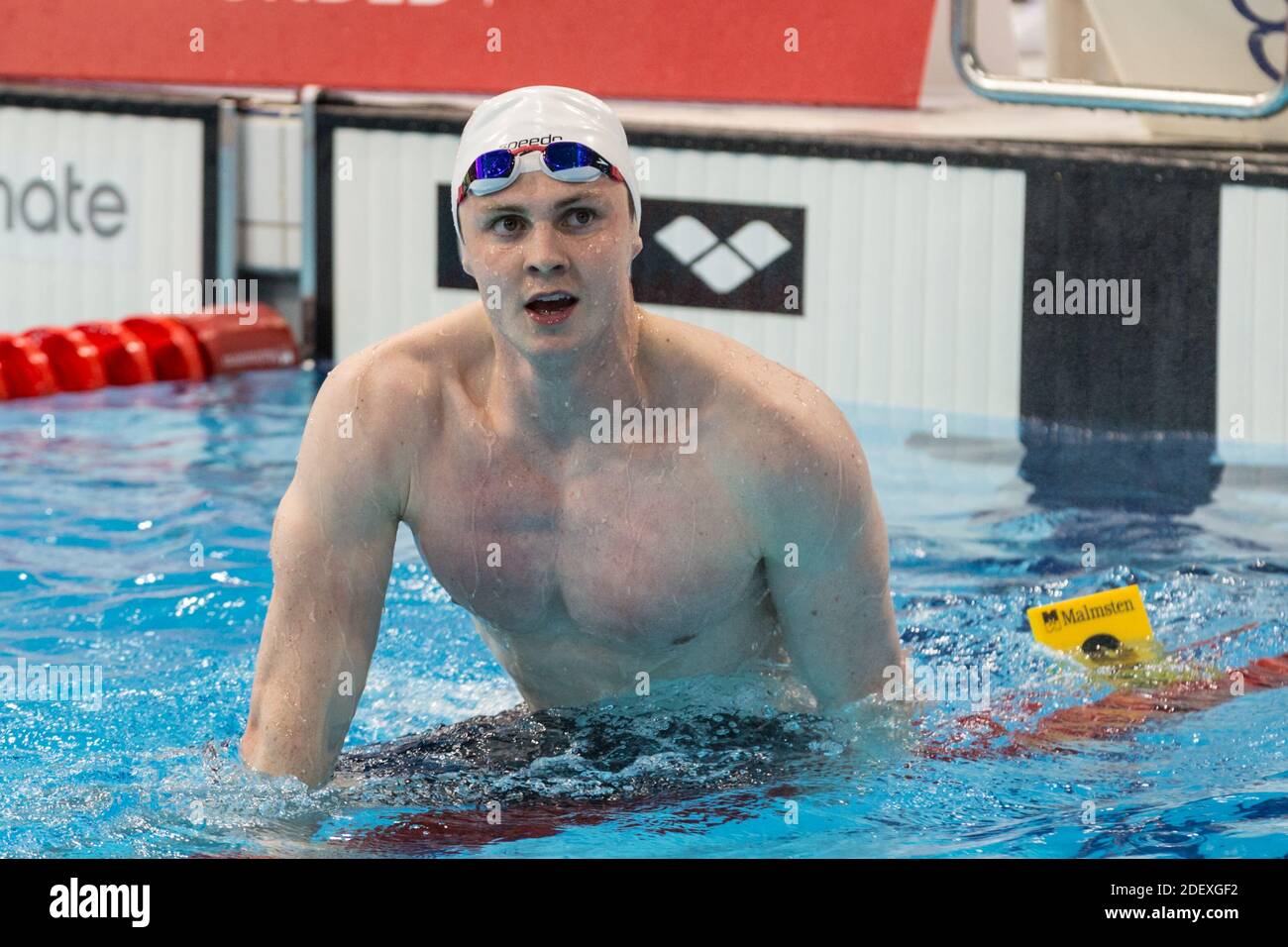 Ross Murdoch, British Swimmer, after winning a race at the European Swimming Championships, London, UK Stock Photo