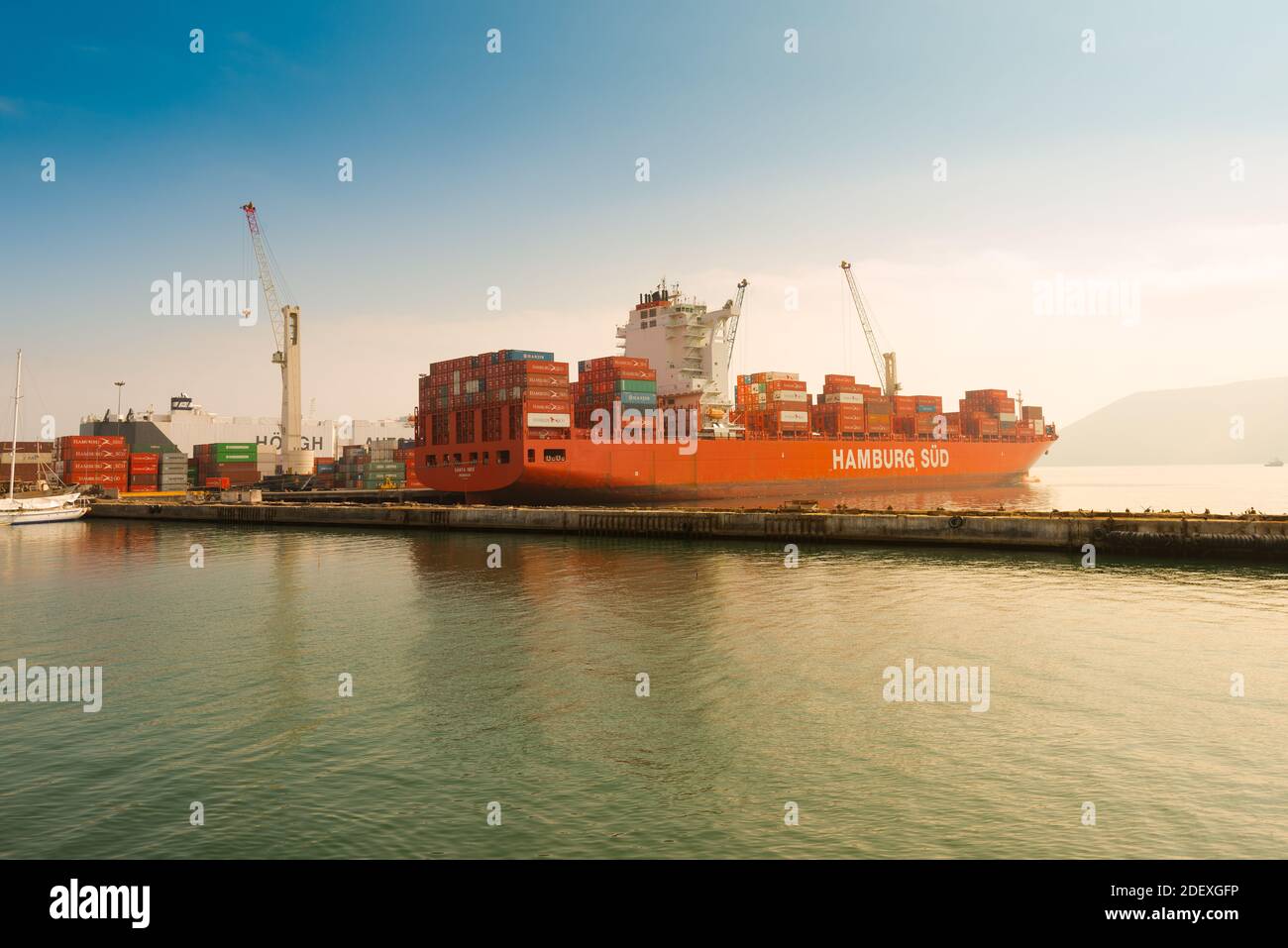 Iquique, Region de Tarapaca, Chile - Cargo ship loaded with containers docked at the port of Iquique. Stock Photo