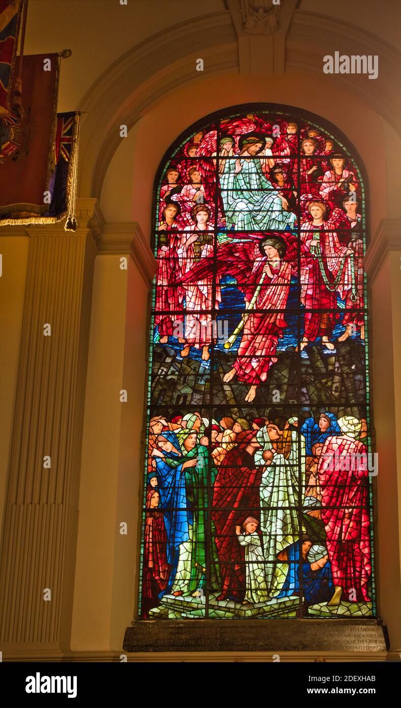 Stained glass window depicting The Last Judgement, St Philip's