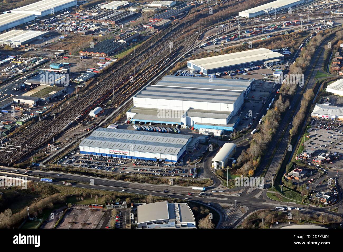 aerial view of distribution warehouses and retail unit on Trax Park, Doncaster. CarShop Doncaster is the unit at the front with DHL & Wincanton behind Stock Photo