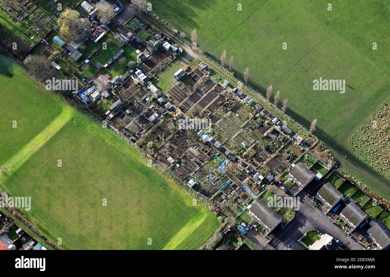 aerial, almost vertical view, of gardeners' allotments in England, UK Stock Photo