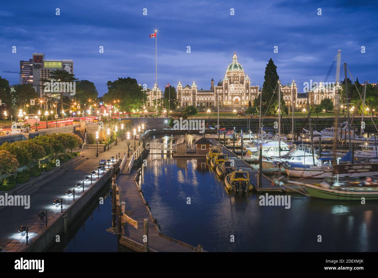 View of the Inner Harbour in Victoria, British Columbia's capital as it gets dark. Stock Photo