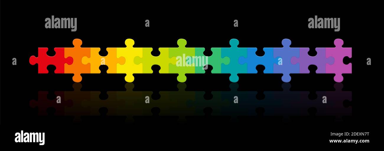 Jigsaw puzzle row, rainbow gradient colored puzzle pieces, twelve different colors in a line - illustration on black background. Stock Photo