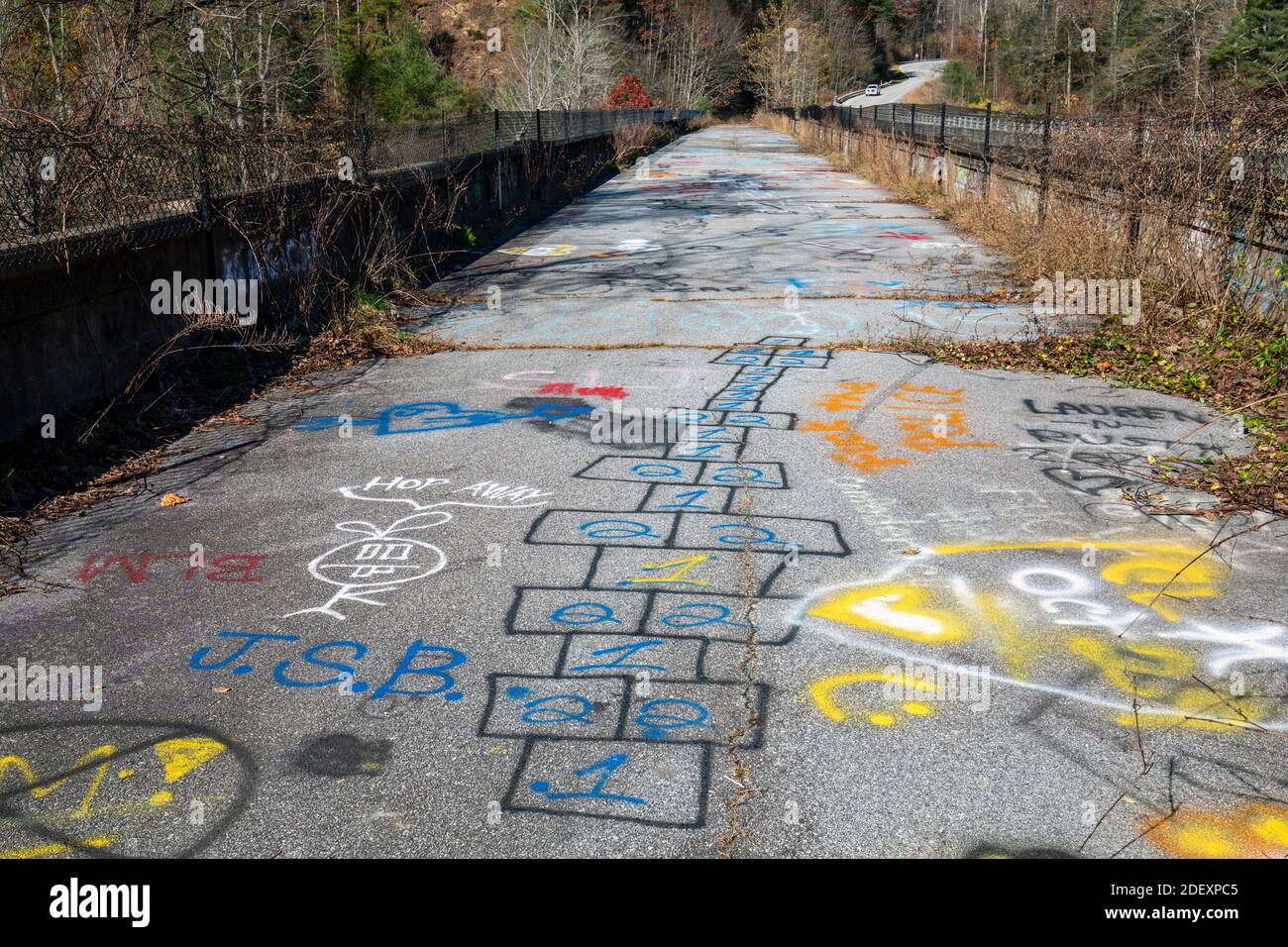 Graffiti on top of High Bridge or Green River Bridge between Flat Rock and Saluda, North Carolina, USA Stock Photo