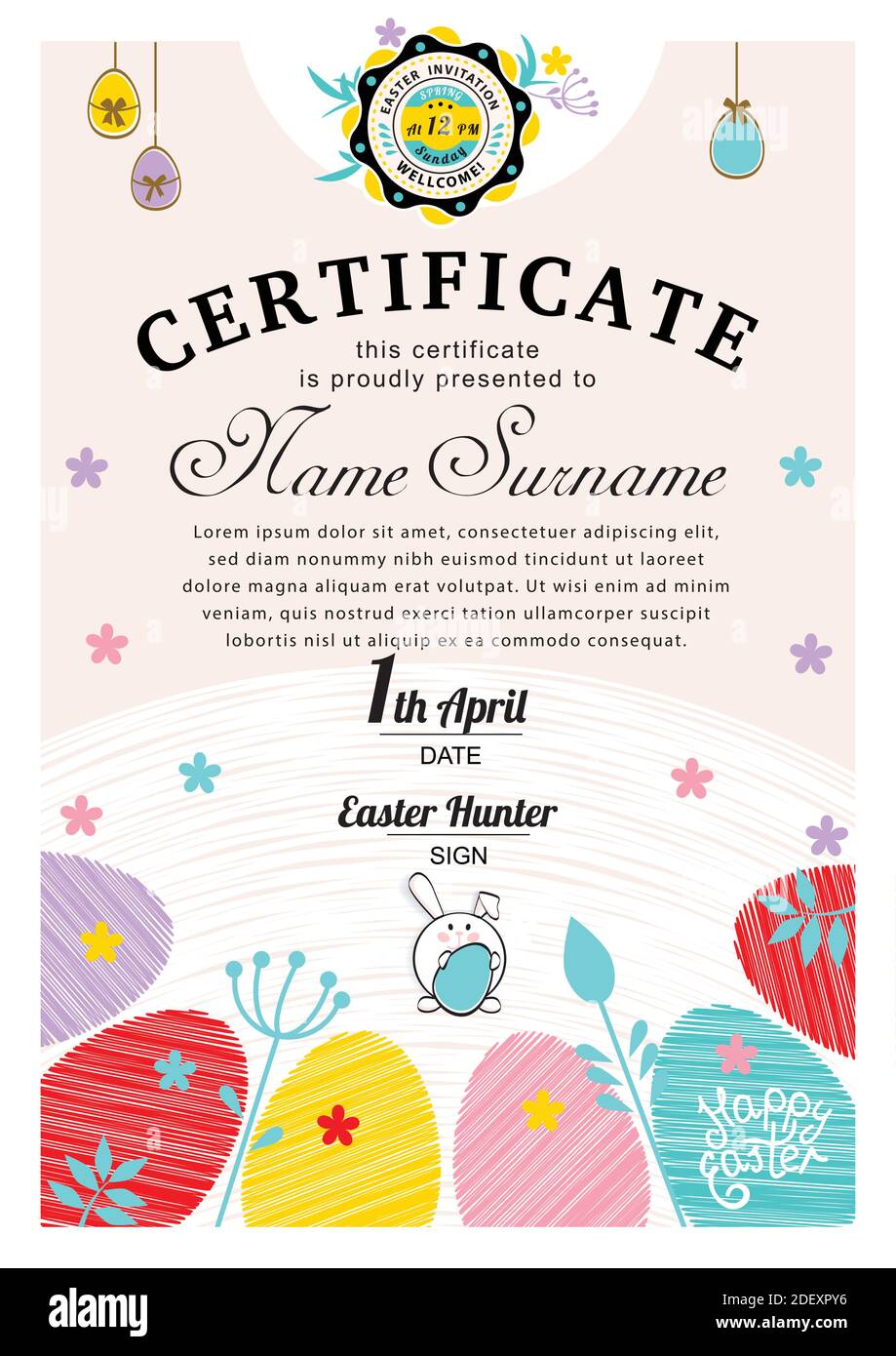 Easter white certificate with bunny, multicolored eggs. Easter blank Stock Vector