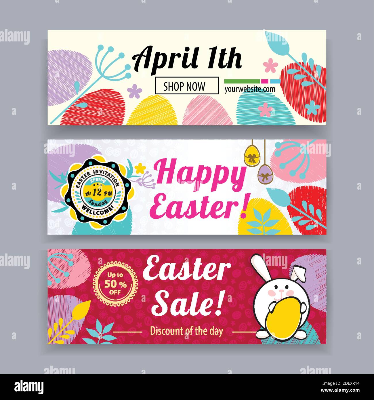 Easter banners with bunny, multicolored eggs. Easter blank. Three banners Stock Vector