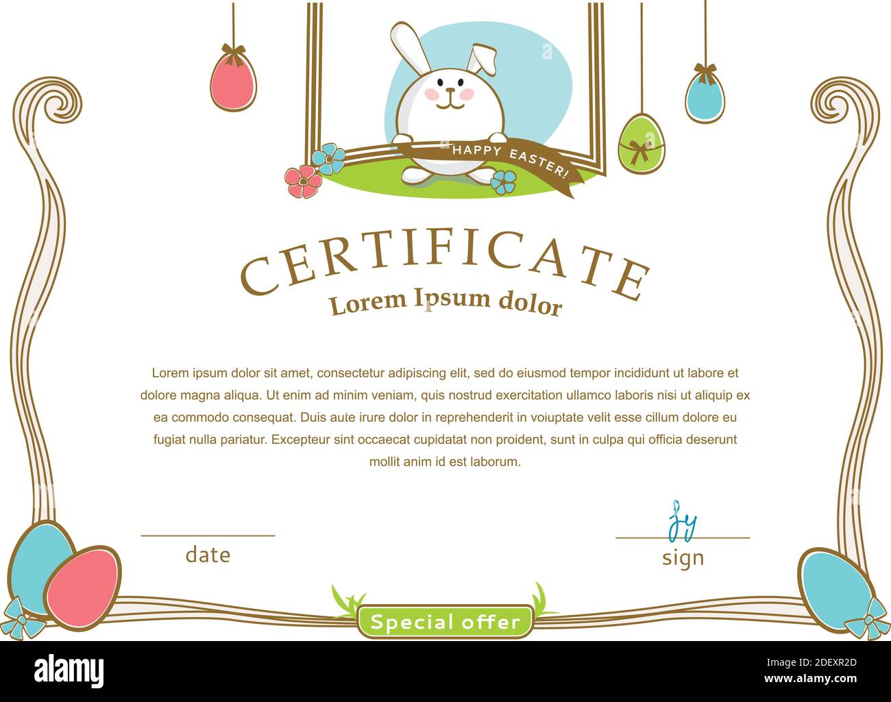Easter white certificate with bunny, multicolored eggs. Easter blank Stock Vector