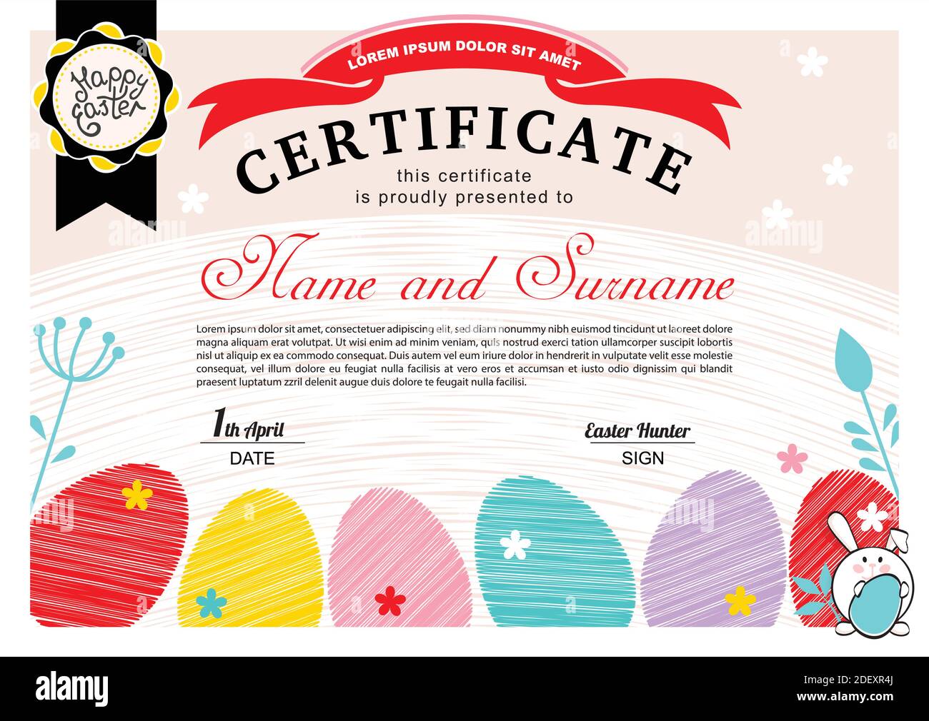 Easter white certificate with bunny, multicolored eggs. Easter blank Stock Vector