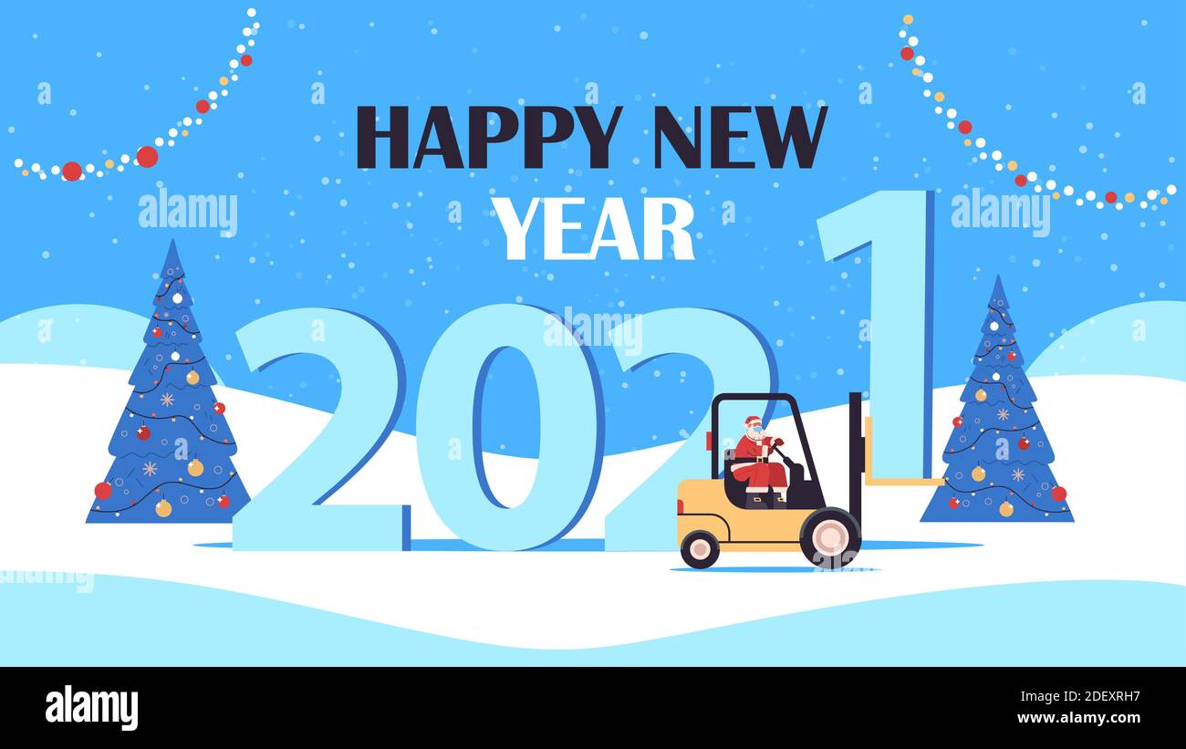 santa claus in mask driving forklift merry christmas happy new year ...
