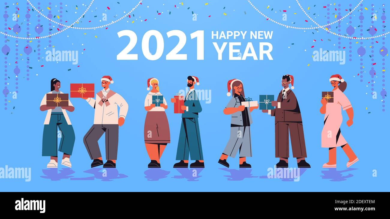 colleagues in santa hats holding gifts mix race office workers