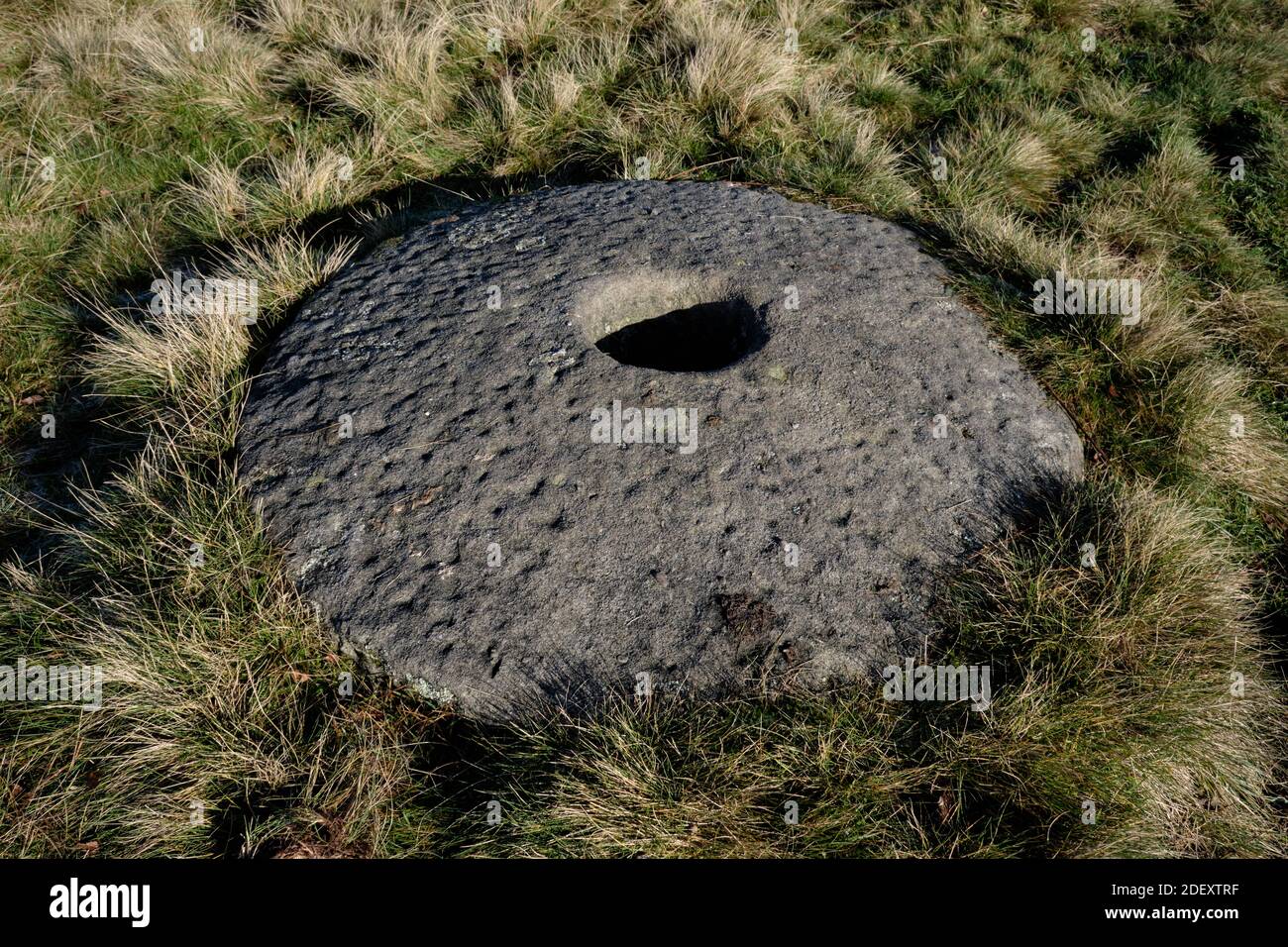 Abandoned millstone lying on rough grass Stock Photo