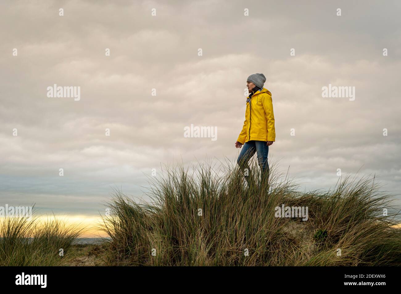 Woman wearing a yellow coat standing on top of a dune, book cover concept. Stock Photo