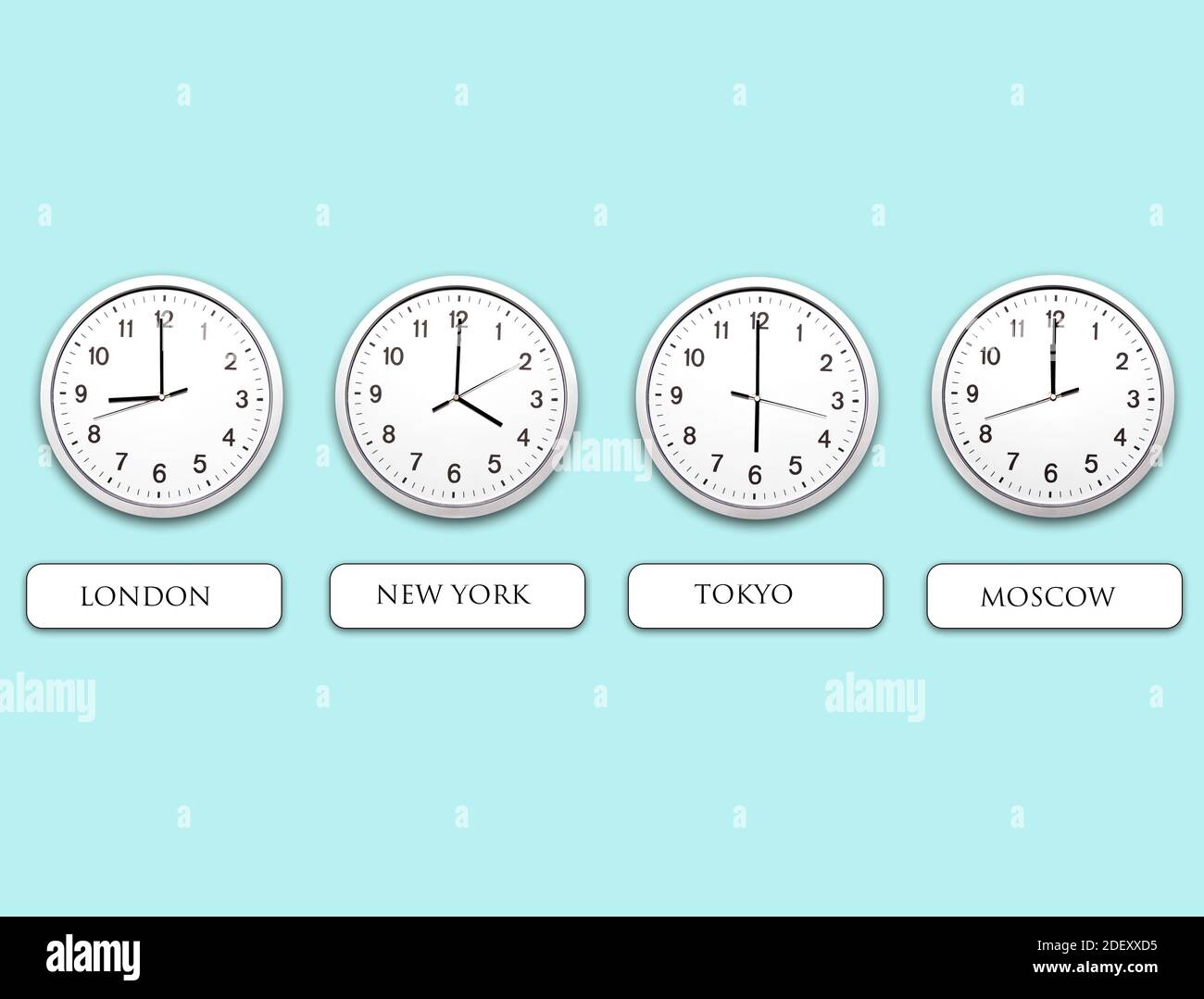 Time zone clocks. Modern wall round clock face, time zones day and