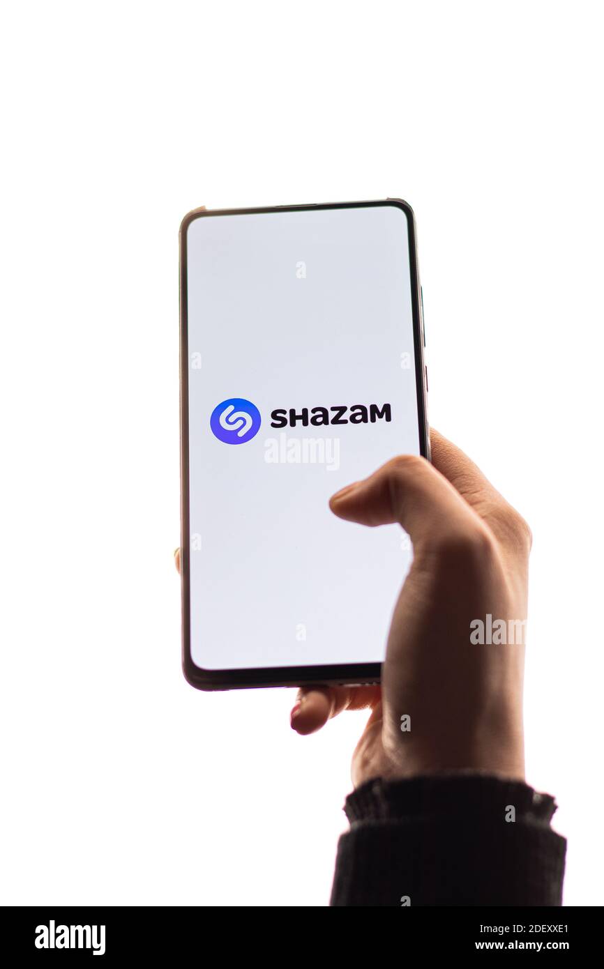 Assam, india - November 29, 2020 : Shazam logo on phone screen stock image. Stock Photo