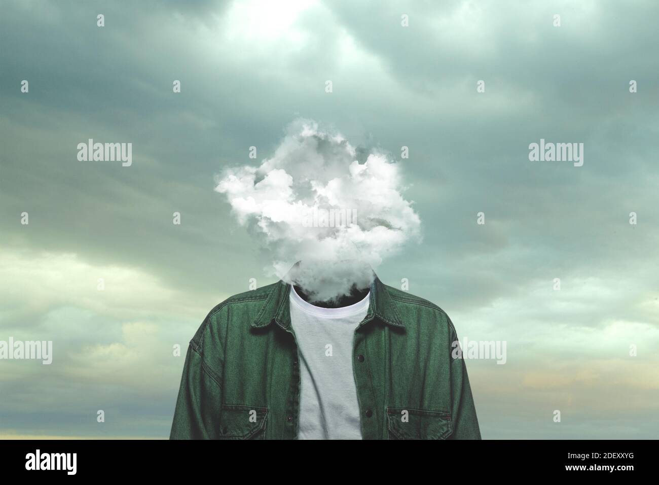 Thoughts. Male body of model with head full of smoke about sky and
