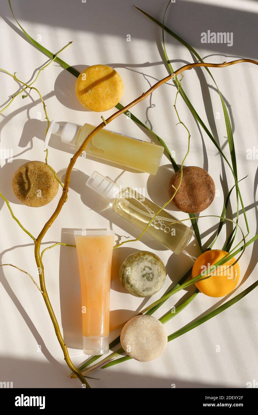 Ecofriendly natural cosmetics, spray bottles with lotions, cream and