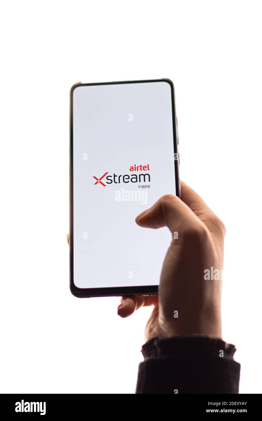 Assam, india - November 29, 2020 : Airtel xstream logo on phone screen stock image. Stock Photo