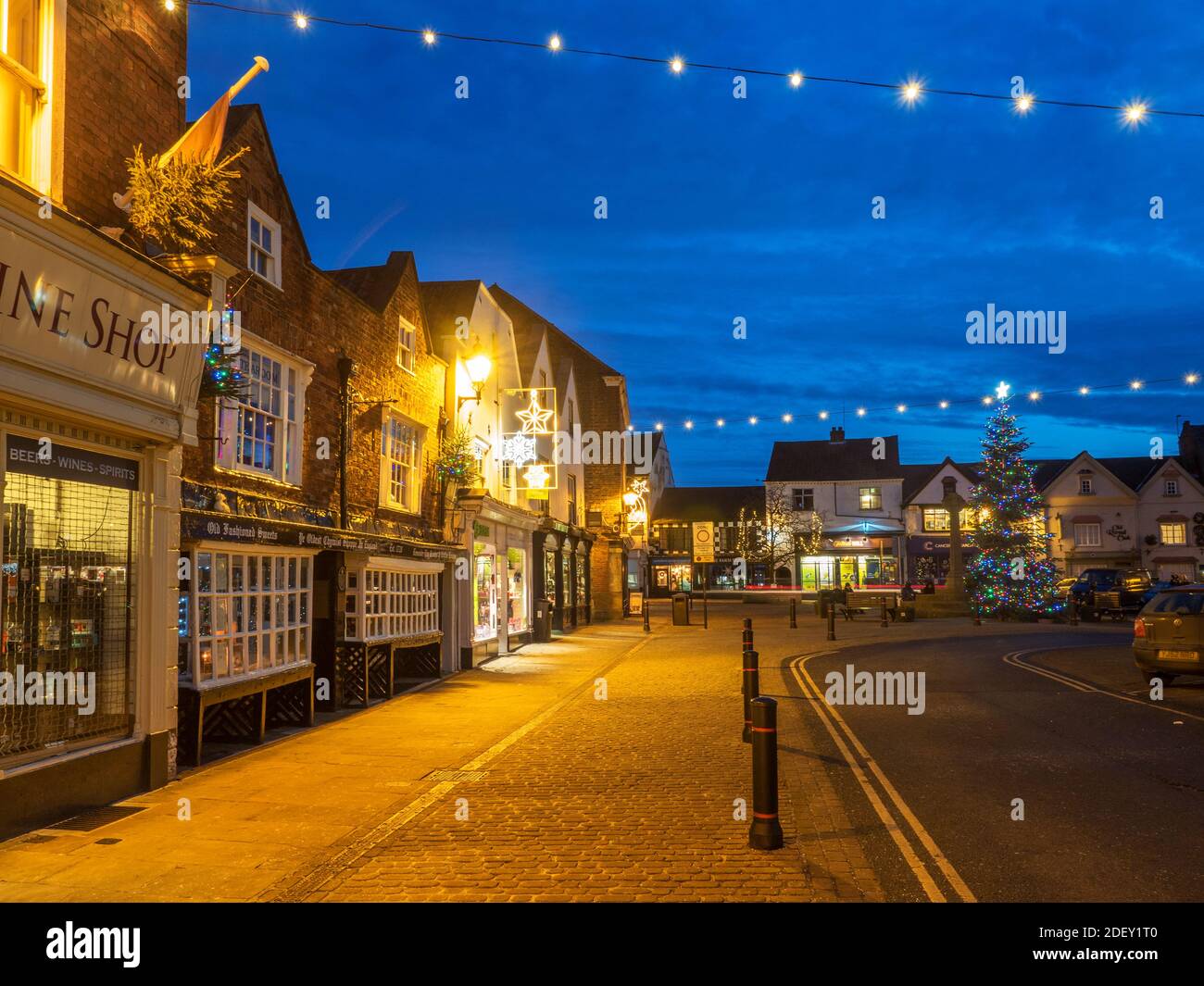 Christmas lights at dusk in the Market Place at Knaresborough North