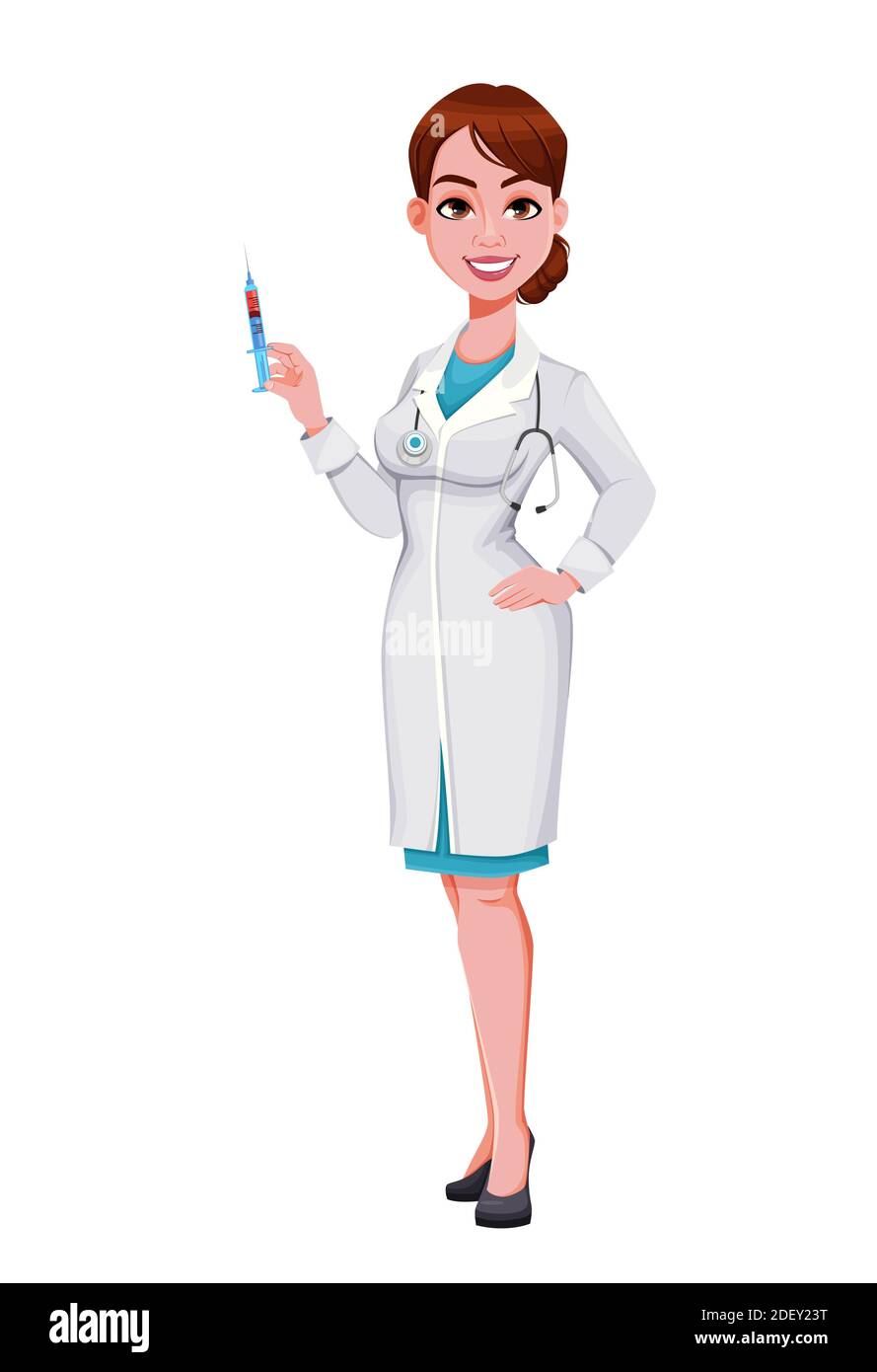 Stock vector cheerful doctor cartoon character. Beautiful young woman doctor  holding syringe with vaccine. Vector illustration Stock Vector Image & Art  - Alamy
