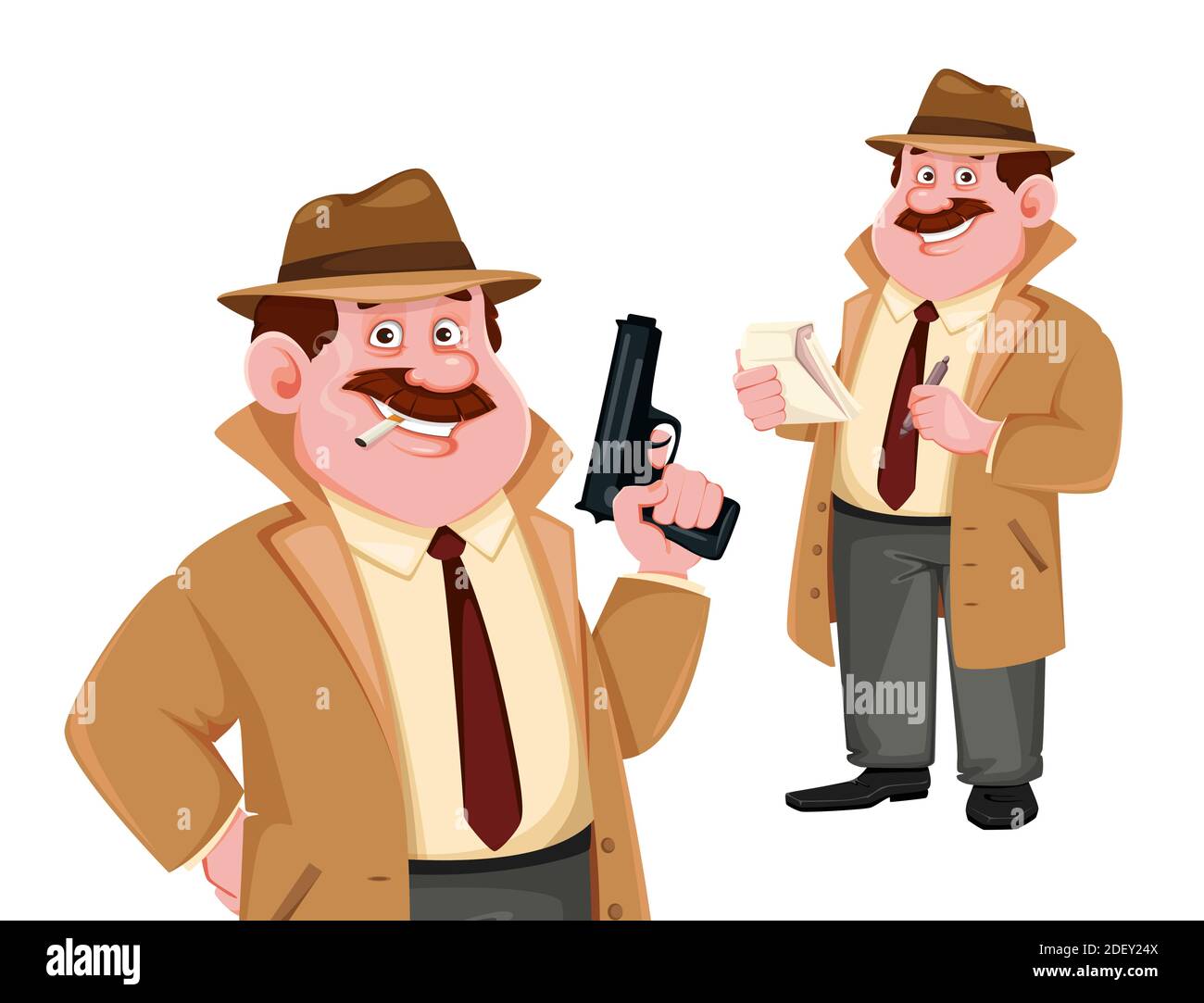 Stock vector detective character, set of two poses. Investigator cartoon character. Vector illustration. Stock Vector