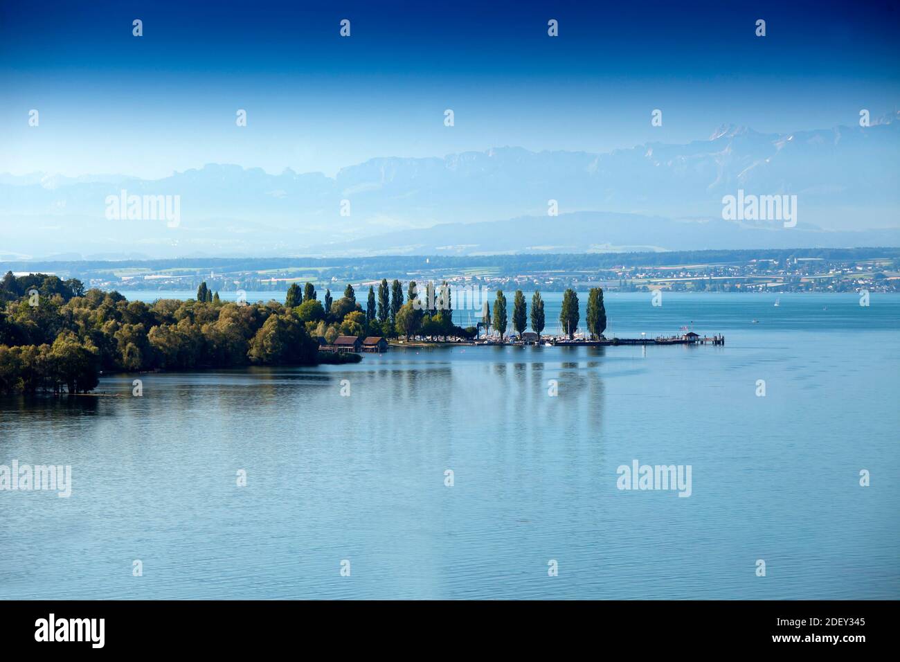 View over Lake Constance, ,near Uhldingen on the horizon the Swiss Alps, Lake Constance, Baden-Württemberg, Germany, Europe Stock Photo