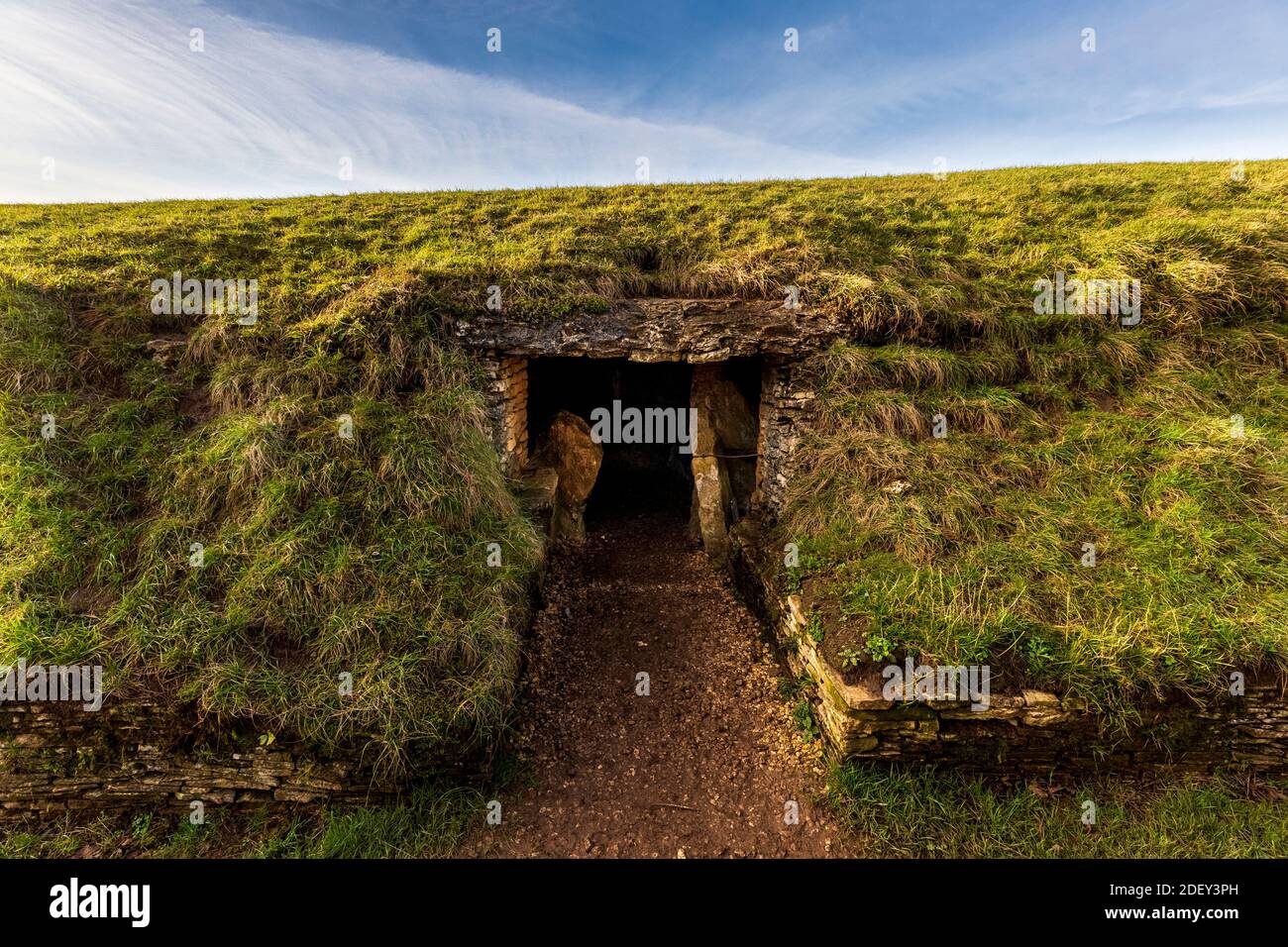 The east burial chamber of Belas Knap Neolithic Long Barrow on Cleeve Hill, Gloucestershire, England Stock Photo