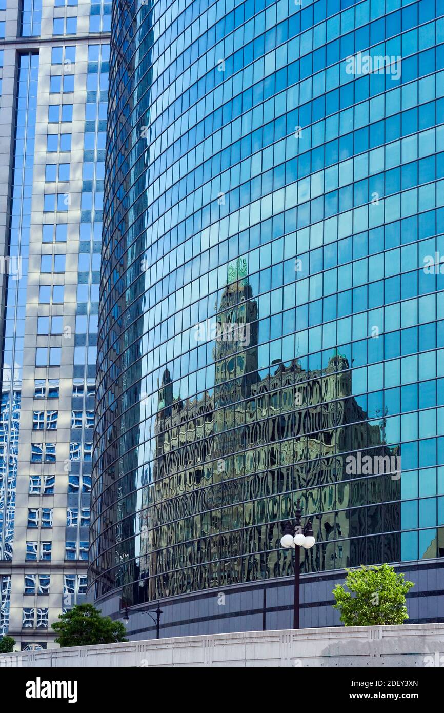 Merchandise Mart Reflecting on Windows of 333 West Wacker Drive, Viewed From the Chicago River, Chicago, Illinois, USA Stock Photo