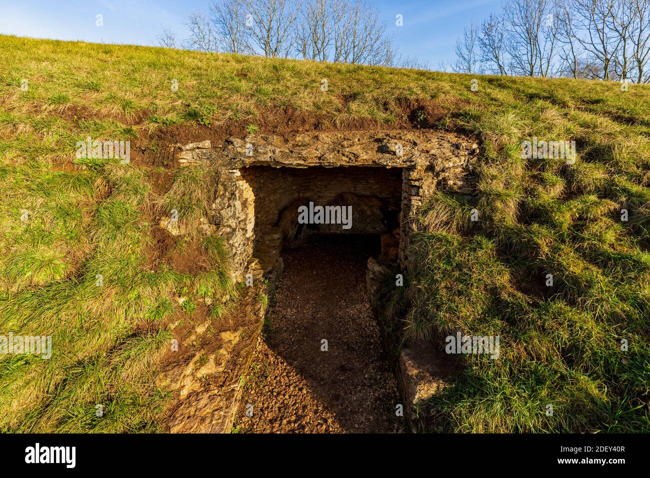 The west burial chamber of Belas Knap Neolithic Long Barrow on Cleeve Hill, Gloucestershire, England Stock Photo