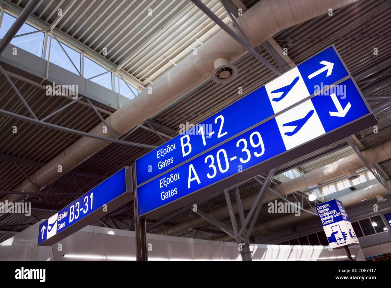 Signs, Athens International Airport, Athens, Attica, Greece Stock Photo